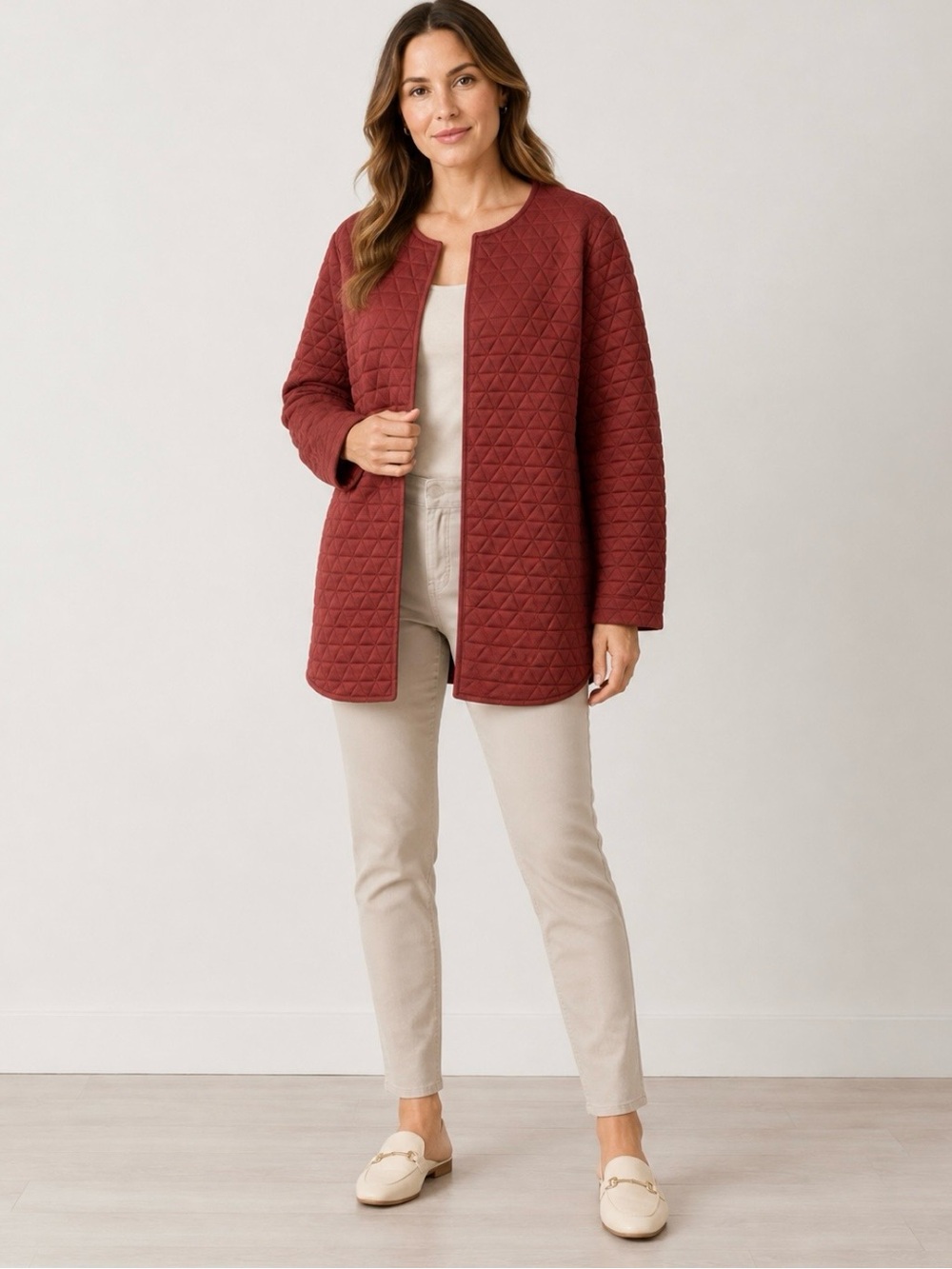 Sunny Leigh Women XL Quilted Open Front Jacket Long Cardigan Rust Red NWT
